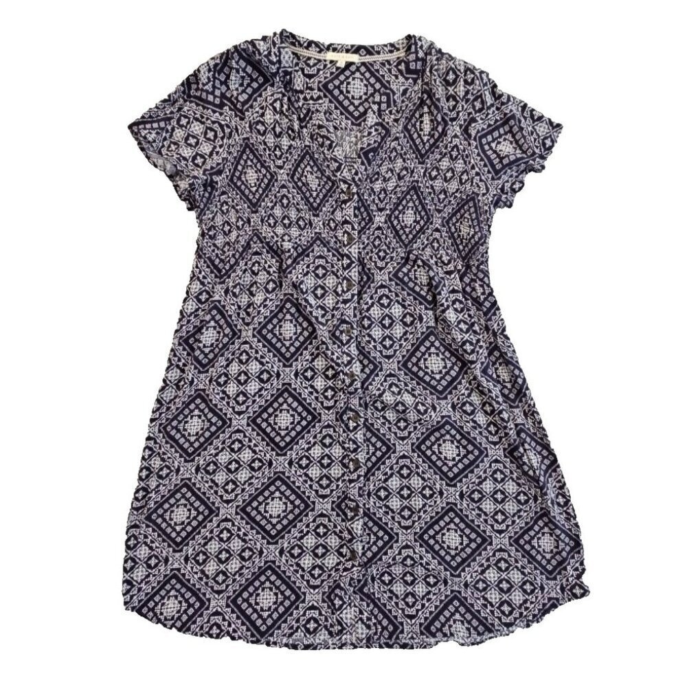 Kate and Sam Midi Dress Navy White‎ Button Up Elastic Waist  Size Medium EUC LN